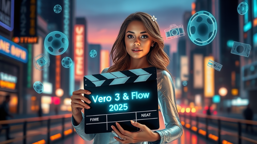 Young woman with holographic clapperboard in Veo 3 audio generation AI filmmaking scene