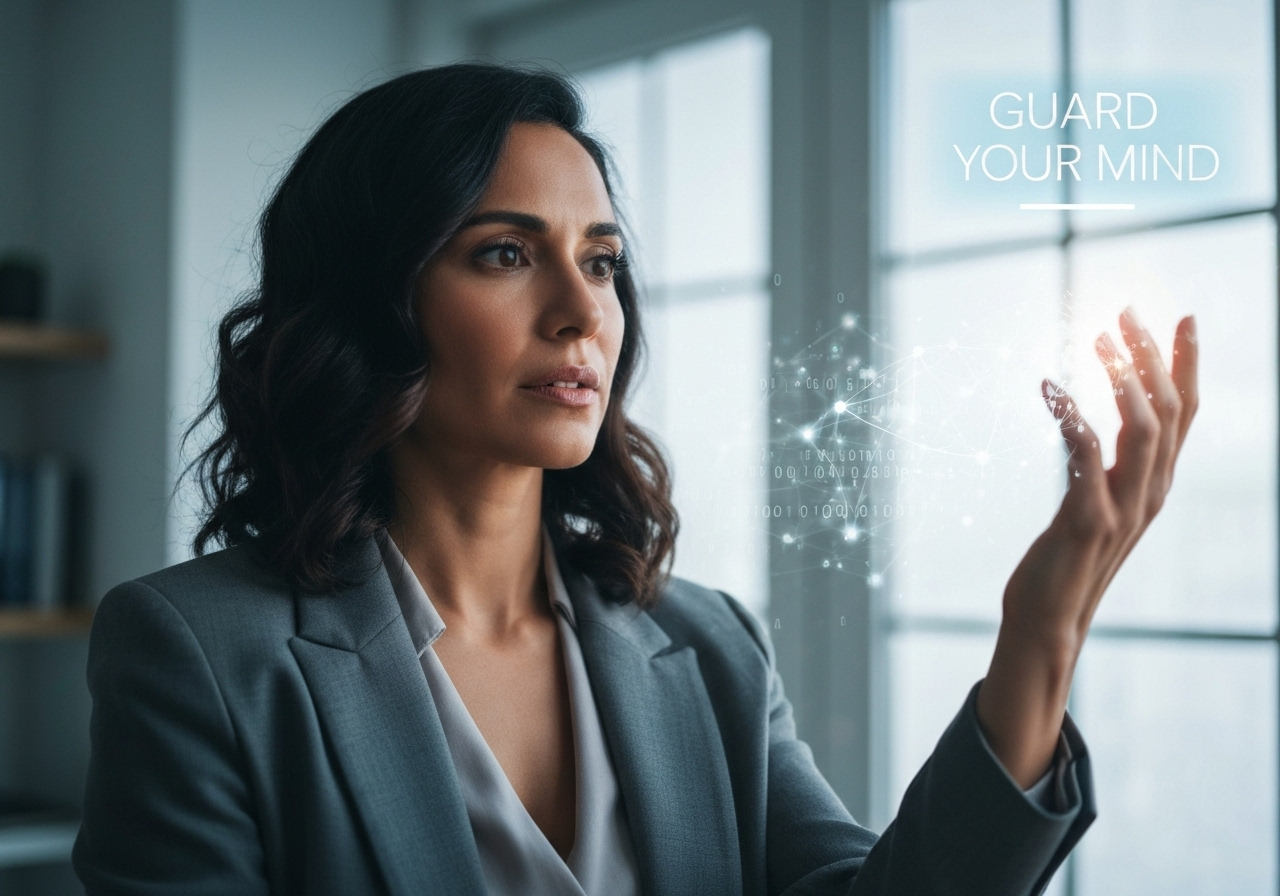 Beautiful woman cautiously interacts with glowing AI interface, symbolizing AI mental health risks and digital well-being.