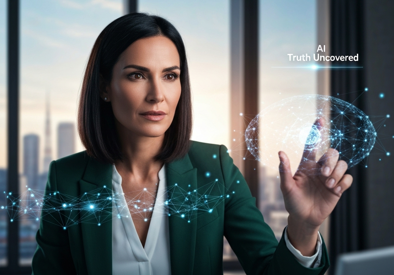 Confident woman in blazer actively analyzing AI knowledge streams on holographic interface, title 'AI Truth Uncovered'. Elon Musk Grokipedia blog.