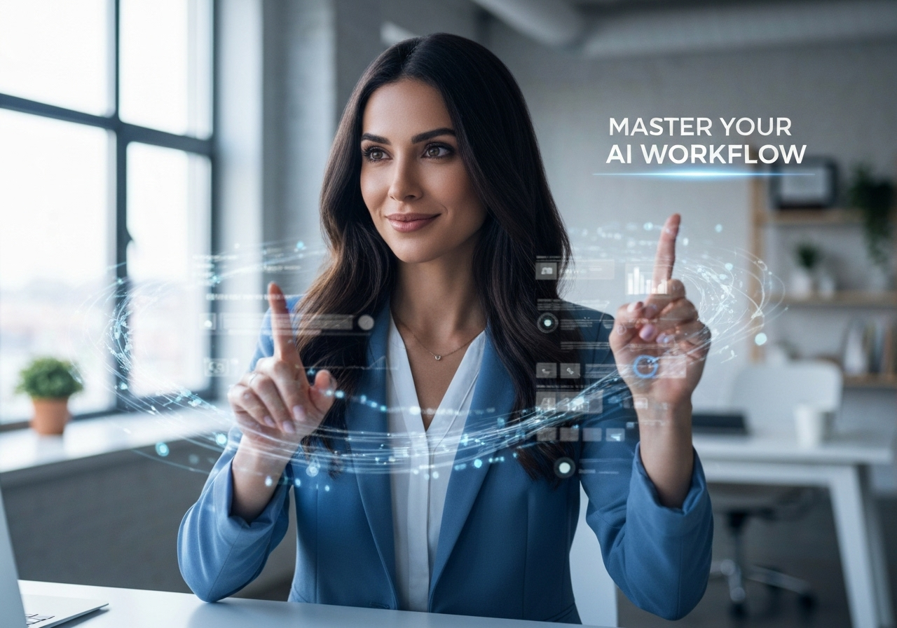 Confident woman mastering an AI workflow on a holographic screen, effectively integrating AI to boost productivity and reduce workload.