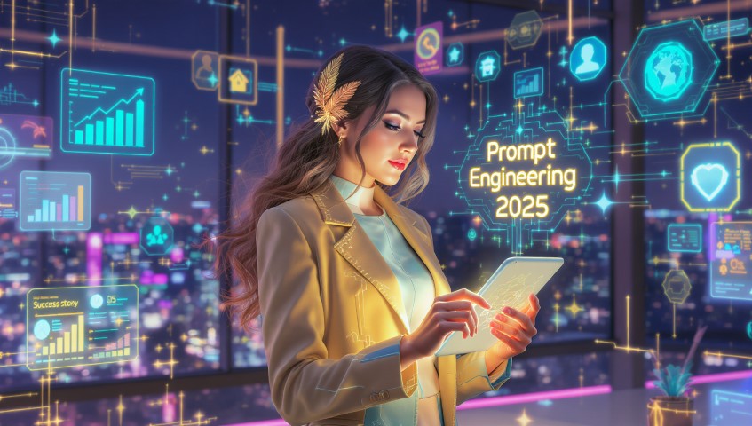 Young woman with tablet showcasing prompt engineering benefits 2025
