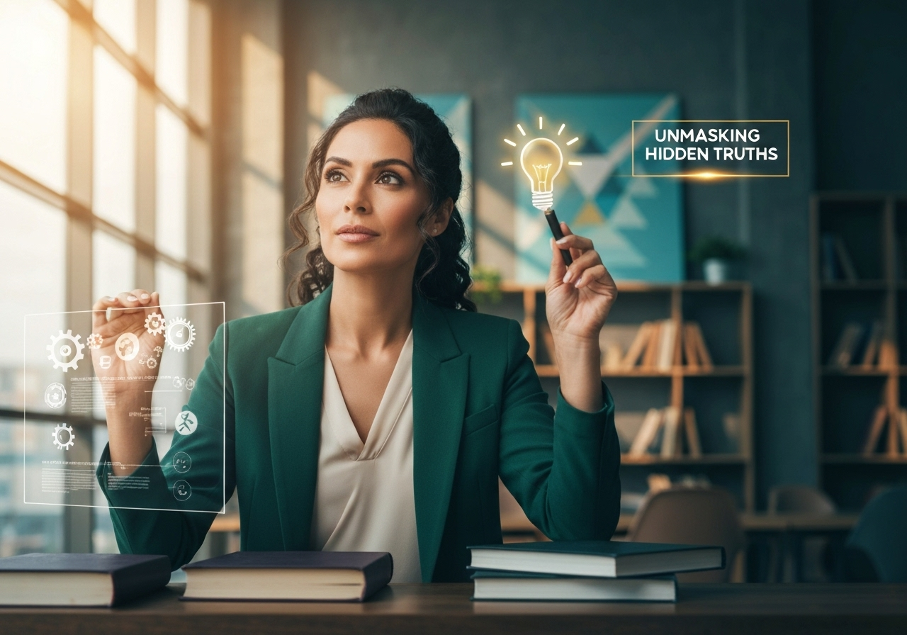 Beautiful woman applying a magnifying glass to data, symbolizing SuperFreakonomics Examples, insights and challenging assumptions.