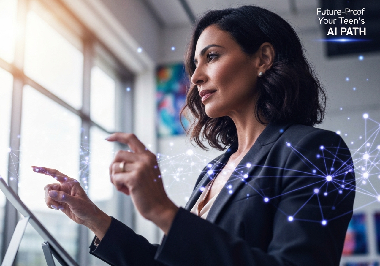 Confident woman interacting with AI interface, symbolizing readiness for future AI careers for teens.