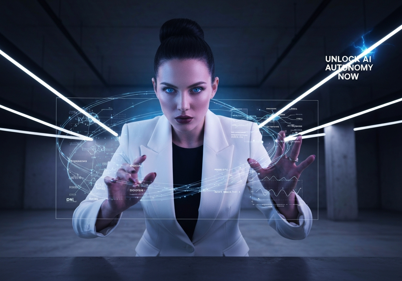 Beautiful woman building agentic AI, interacting with holographic Deep Reinforcement Learning data in a futuristic studio.