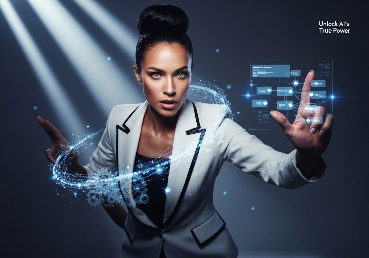 Confident woman orchestrating complex AI agent architectures on a holographic interface, embodying future of autonomous systems.