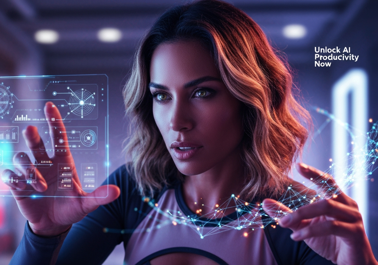 Confident woman leveraging AI agents for productivity, commanding holographic interface in futuristic setting.
