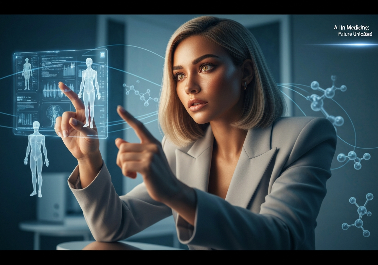 Confident woman interacting with holographic medical AI display in studio, symbolizing the future of AI in medicine.