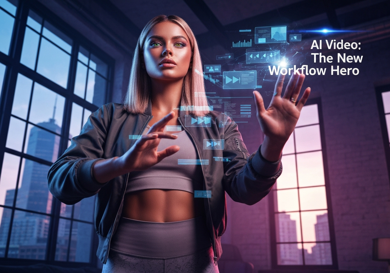 Confident woman manipulating AI video tools with holographic display, transforming her creative workflow in a modern loft setting.