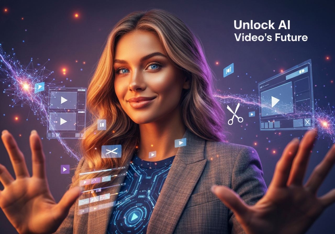 Confident woman interacting with holographic AI video tools, symbolizing the future of generative content creation.