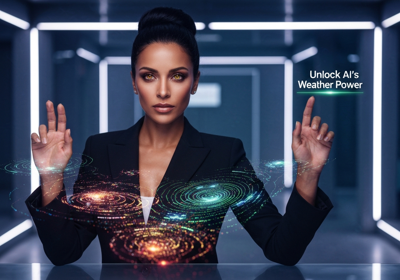 Confident woman analyzing an AI weather forecast on a holographic map, symbolizing advanced probabilistic weather prediction for extreme events.