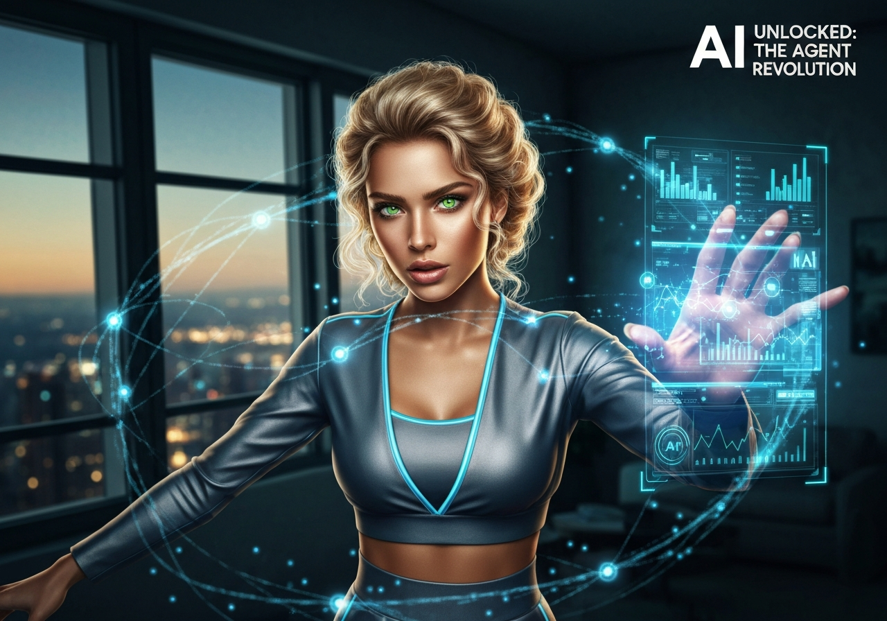 Beautiful woman interacts with holographic AI interface, symbolizing autonomous AI agents reshaping the future of work.