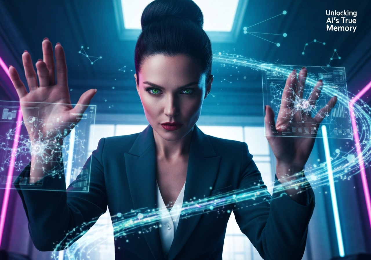 Beautiful woman interacts with holographic AI data, building memory-powered agentic AI in a futuristic setting.