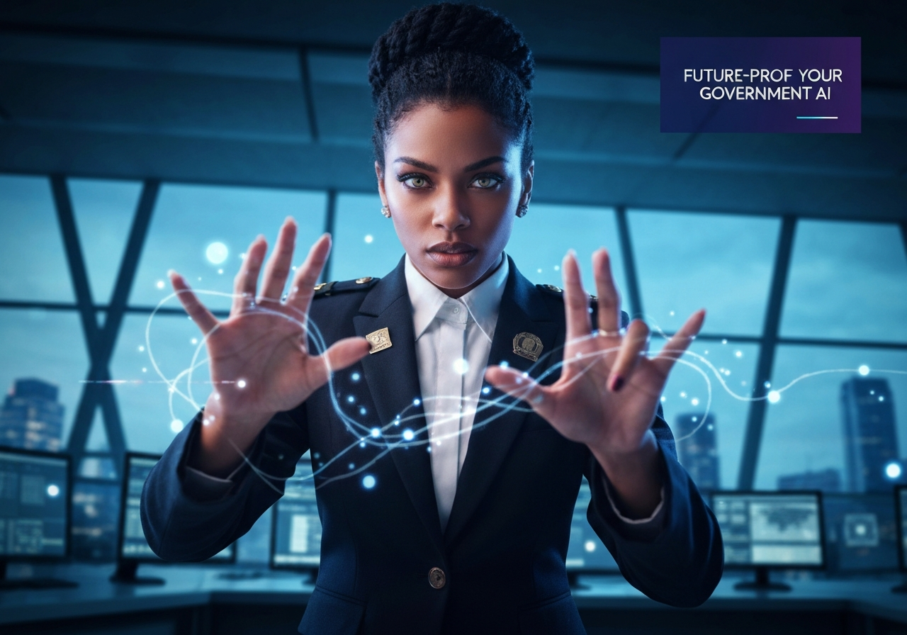 Confident woman leading government AI engineering project with holographic interface, representing digital natives' impact.