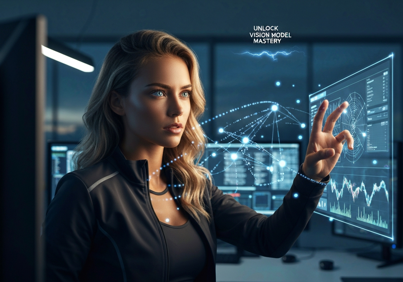 Beautiful young woman in tech athleisure fine-tuning a holographic vision model interface in a futuristic lab.