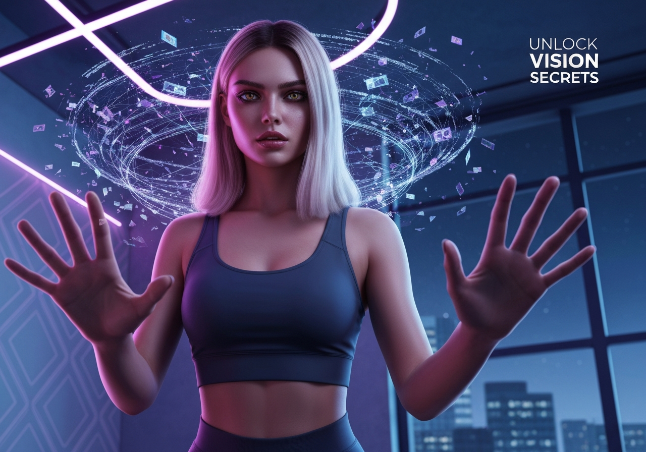 Beautiful woman fine-tuning a holographic neural network in a futuristic neon-lit studio, symbolizing vision AI mastery.