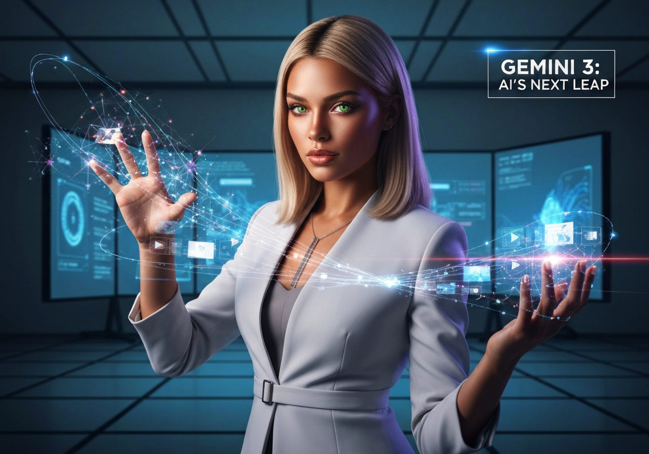 Beautiful woman with sleek blonde hair, intensely interacting with advanced multimodal AI interfaces, symbolizing Gemini 3 Advanced AI Features.