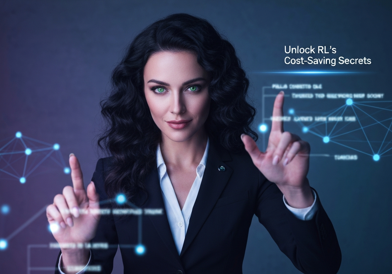 Beautiful woman with raven curls and piercing green eyes, confidently interacting with a holographic display of data, representing Meta AI DreamGym's textual reinforcement learning training.