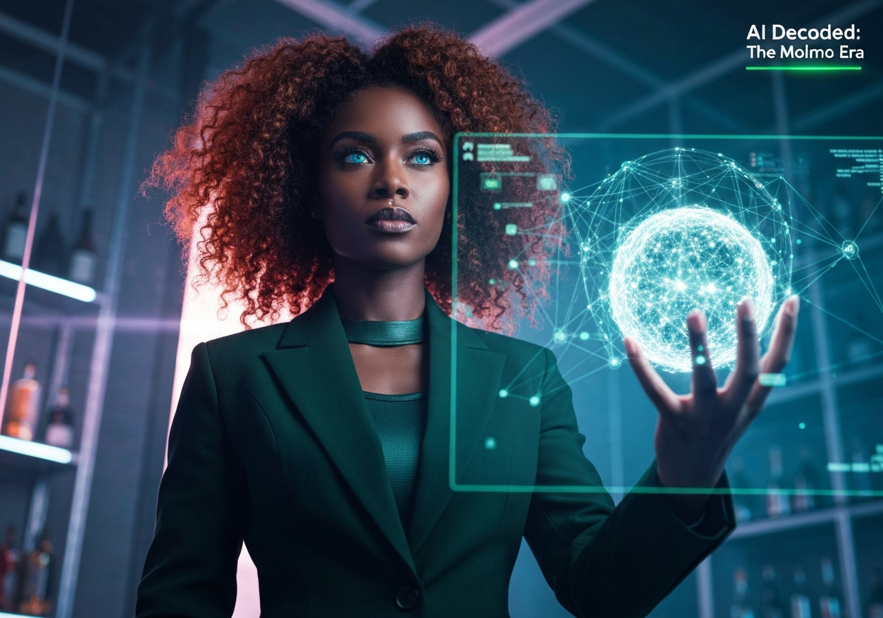 Confident woman interacting with a holographic display of multimodal AI data streams, symbolizing Molmo AI advancements.