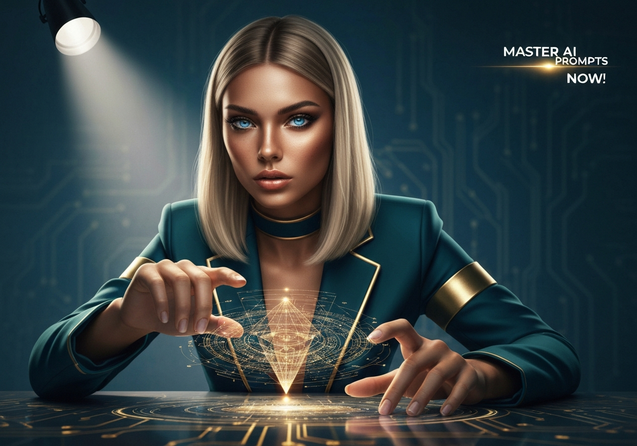 Confident woman mastering 'Nano Banana Prompt Engineering' with a holographic AI interface in a modern studio.