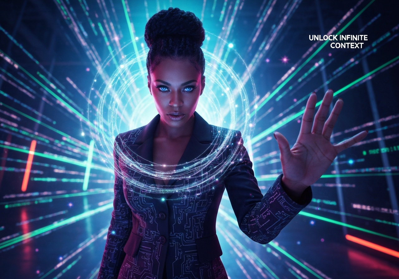 Confident woman manipulating complex data streams, representing long context modeling breakthroughs with AI associative memory.