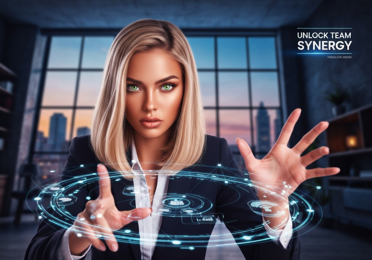 Confident woman strategizing agent collaboration using holographic digital tools in a modern urban loft at dusk, symbolizing teamwork.