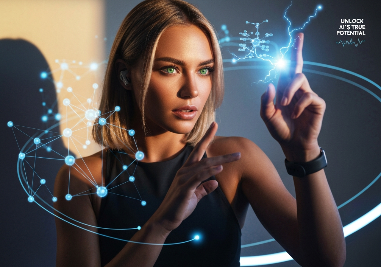 Confident woman manipulating a holographic display of a distributed neural network, symbolizing non-linearity in distributed ML.