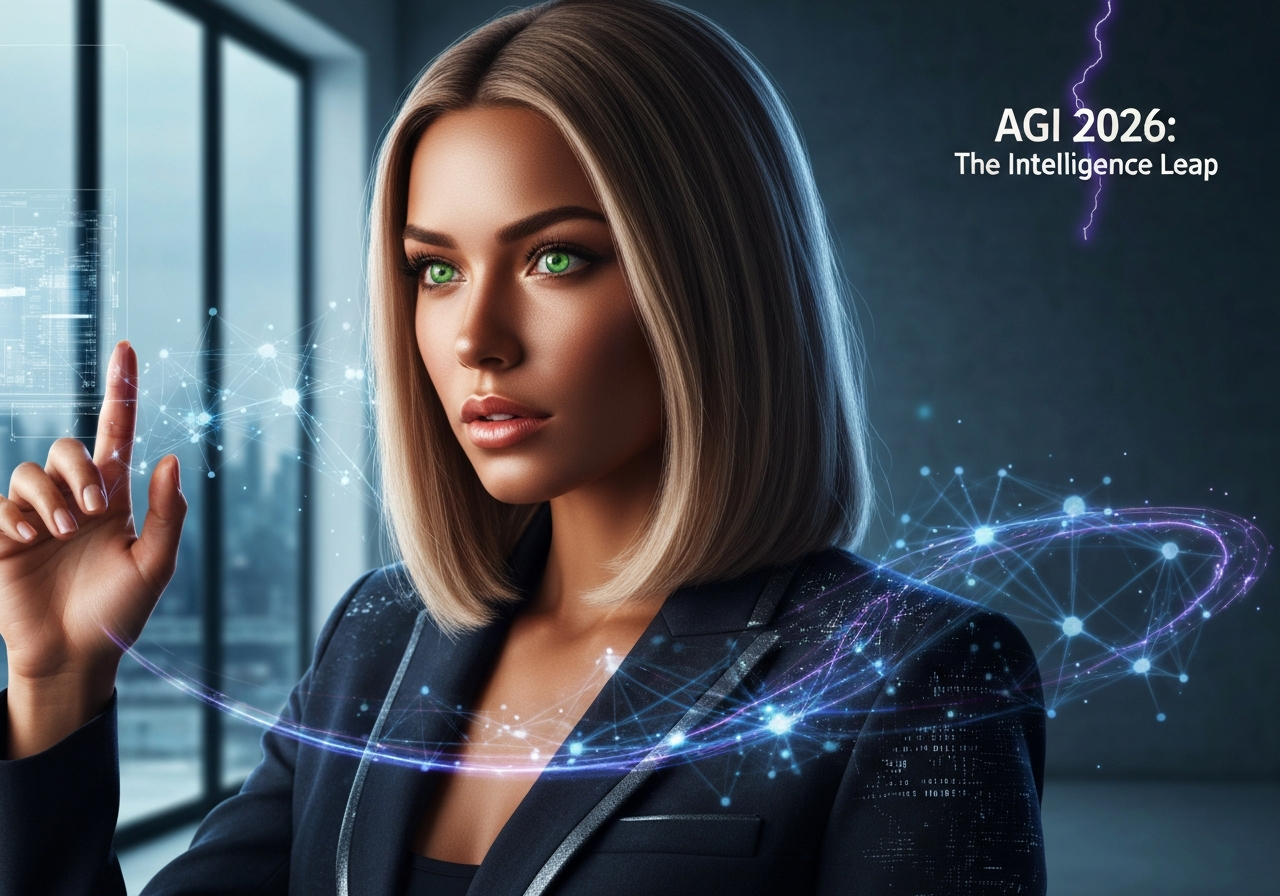 Beautiful woman interacts with holographic AI display, futuristic setting. AGI arrival 2026 predictions and preparation.
