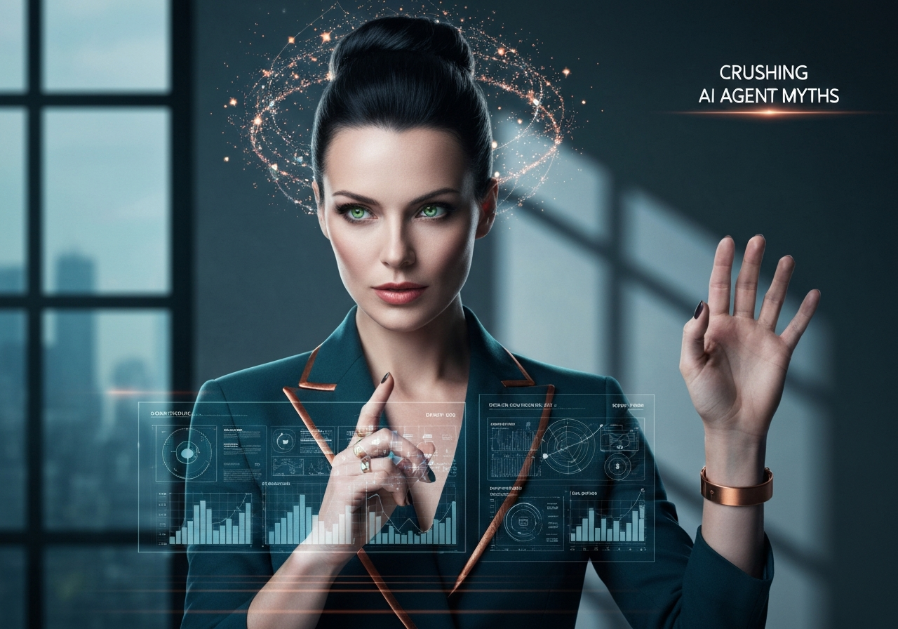 Confident woman analyzing AI agent data on holographic screen, revealing AI agent misconceptions.