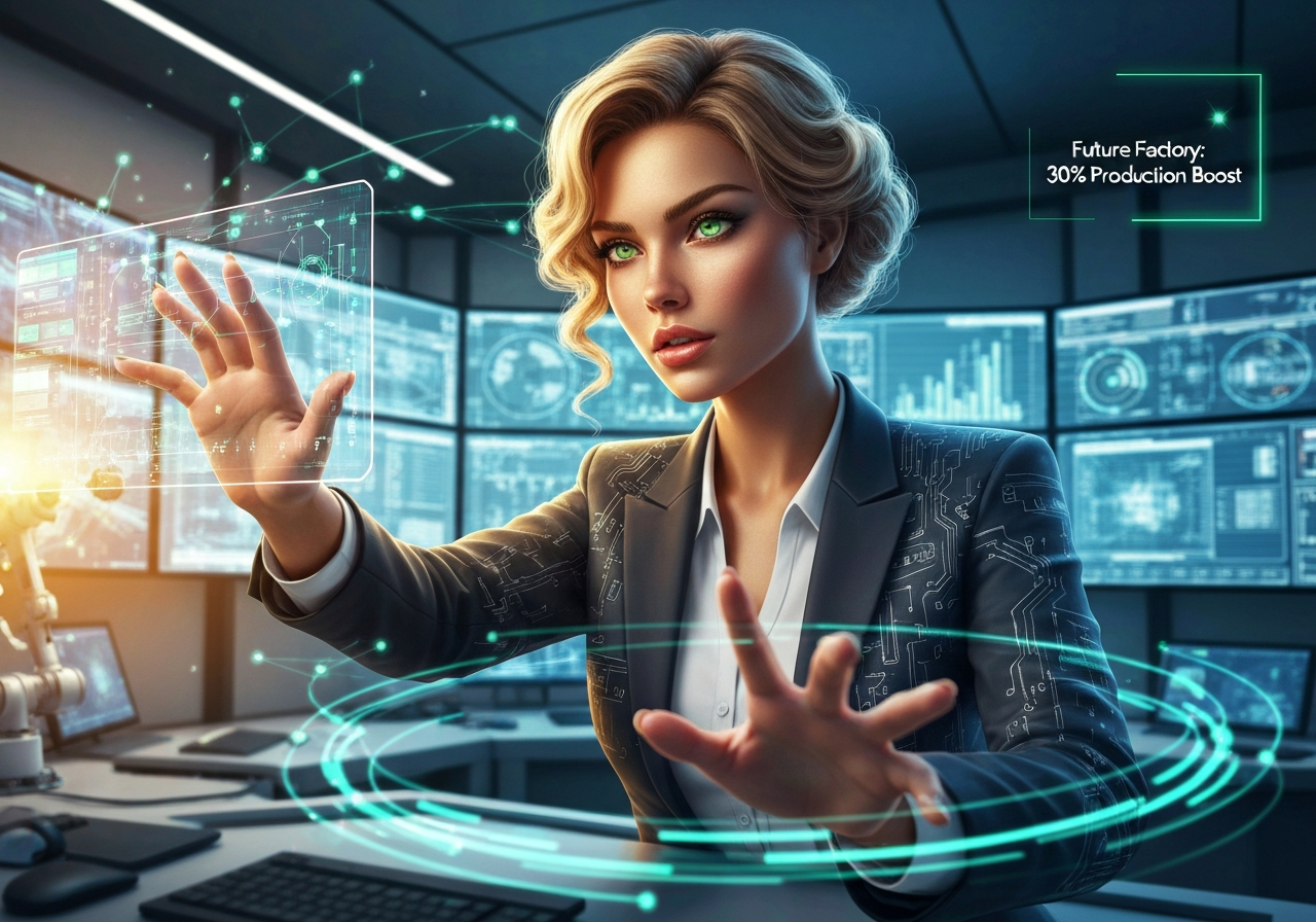 Confident woman optimizing a smart factory production line with AI agents on a holographic interface.