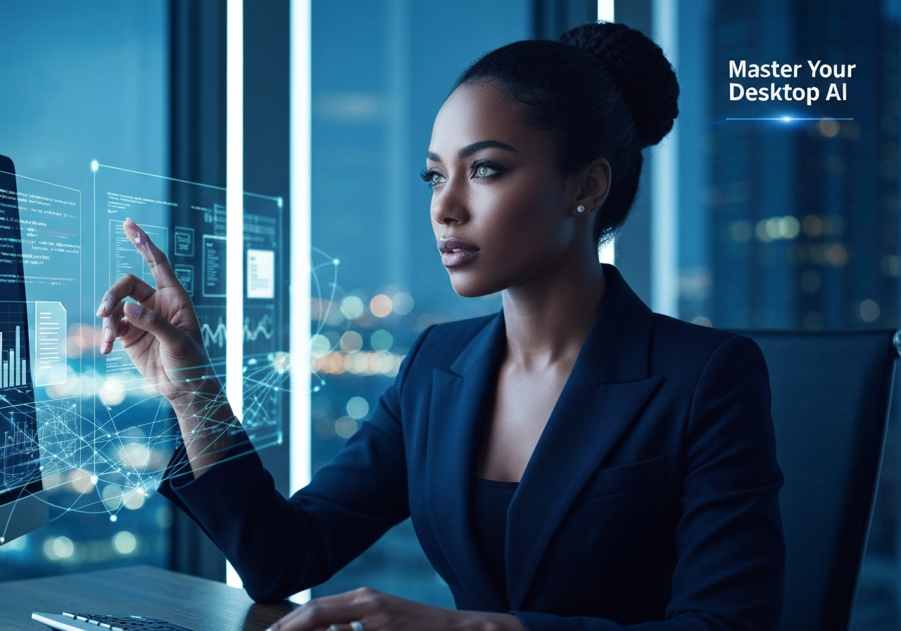 Confident woman leveraging an AI desktop agent, interacting with holographic data on her computer in a modern loft.