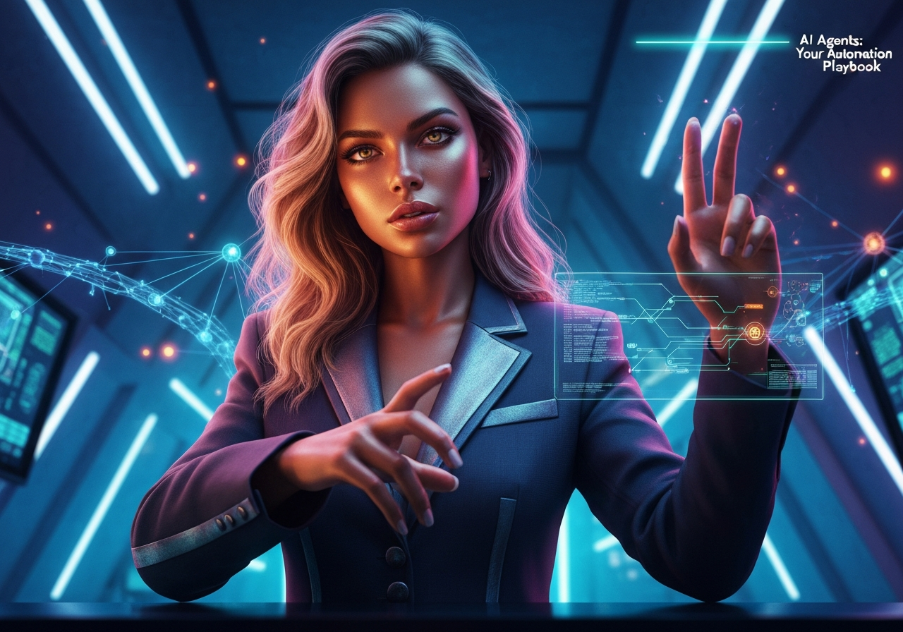 Beautiful woman with golden skin and hazel eyes, showing fierce determination while interacting with a holographic AI workflow interface.