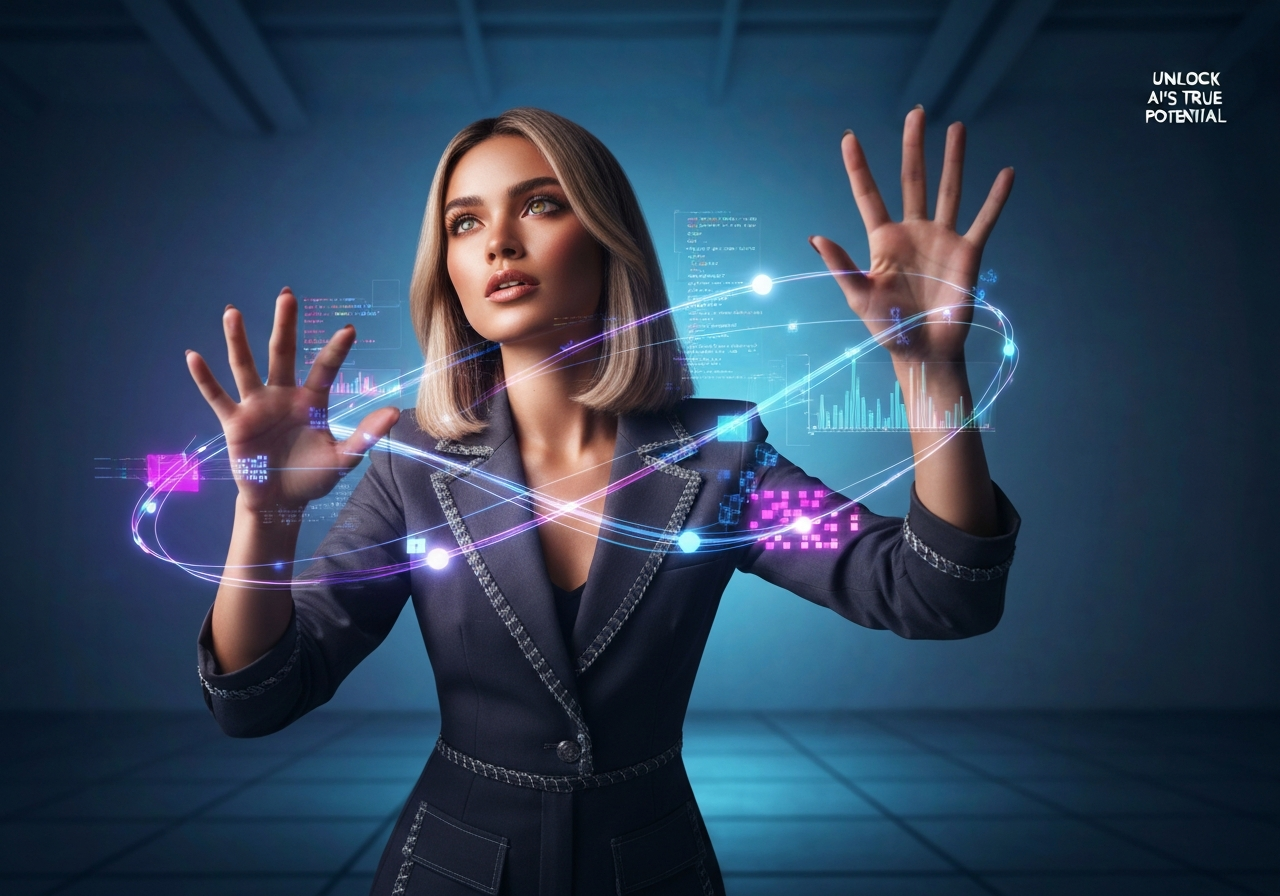 Beautiful woman with sleek lob hair, fierce determination, conducting holographic multimodal data streams in a dark studio.