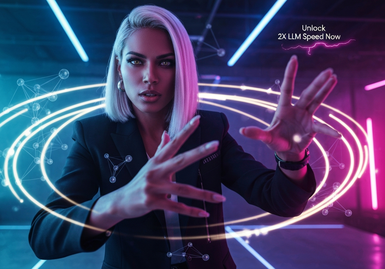 Beautiful woman accelerating LLM inference with speculative decoding, surrounded by glowing data in a futuristic setting.