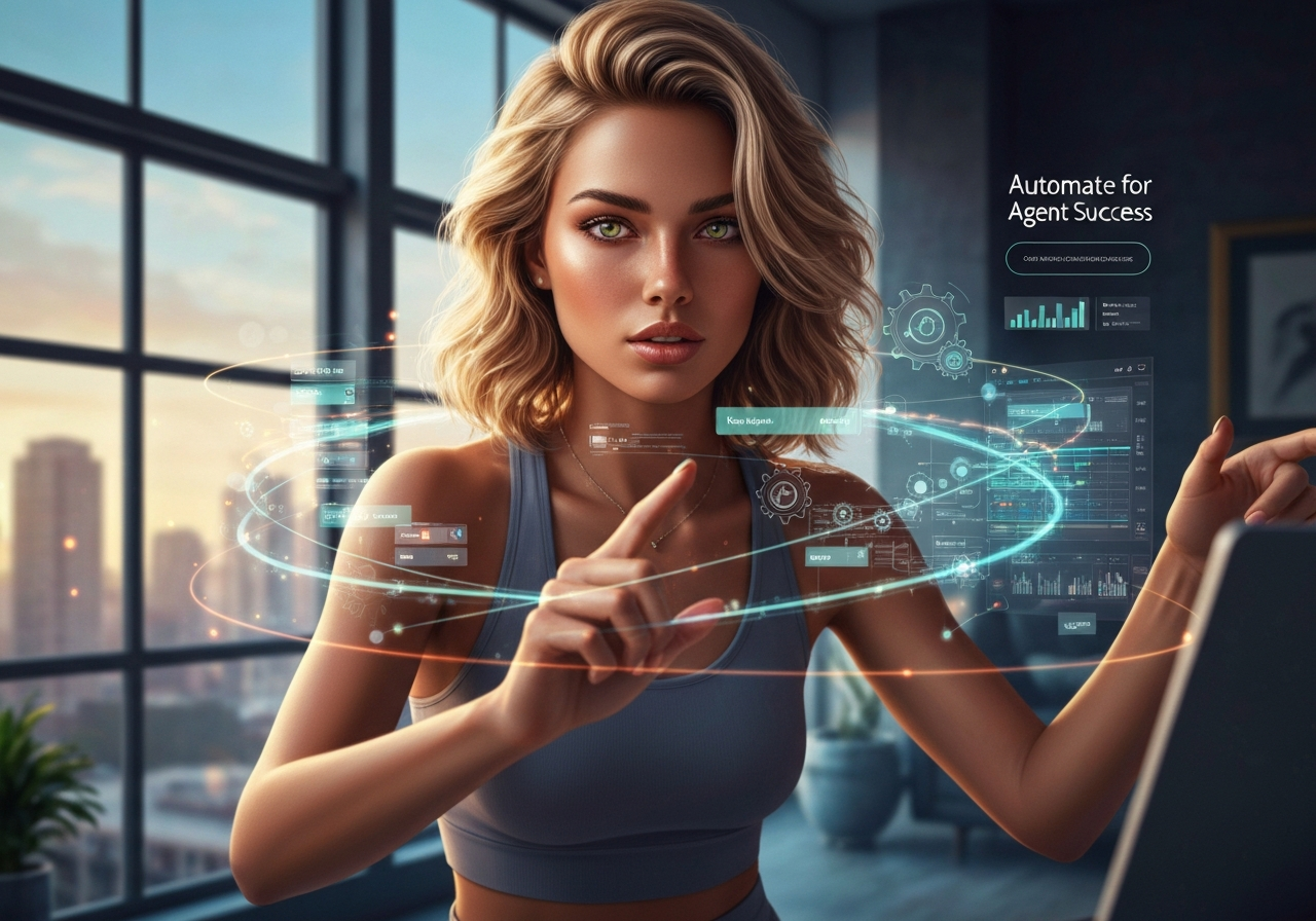 Confident woman dynamically managing agent marketing automation dashboard in a luxe urban loft, representing how agents automate marketing.