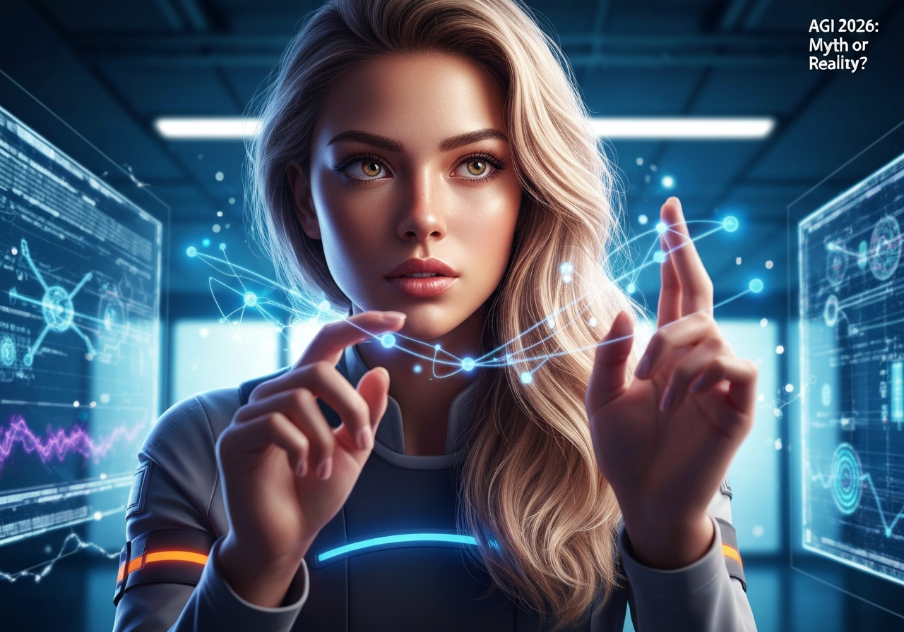 Beautiful woman tracing holographic AGI neural networks in a futuristic lab, questioning AGI arrival by 2026.