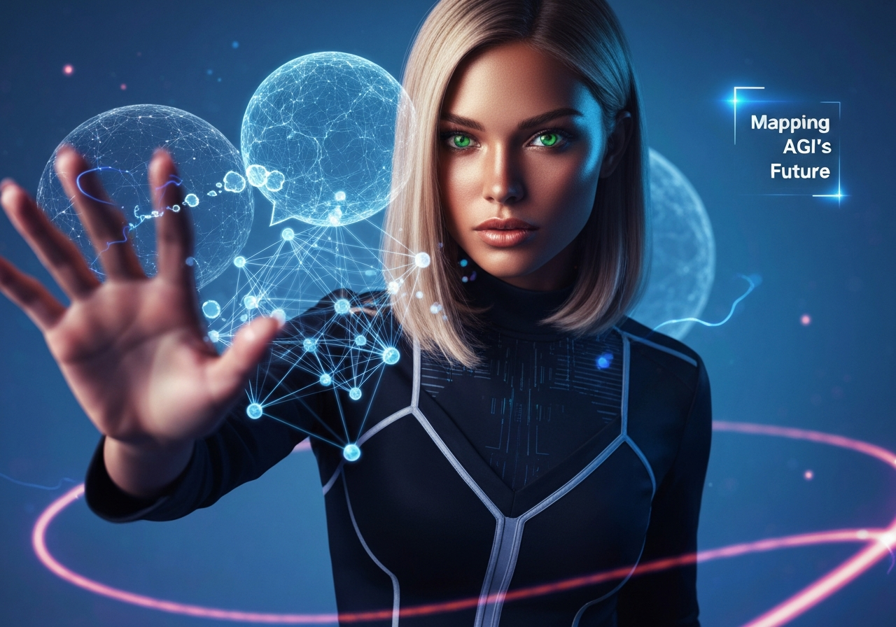 Beautiful woman with sleek hair interacting with a holographic AI projection, symbolizing AGI events progression.