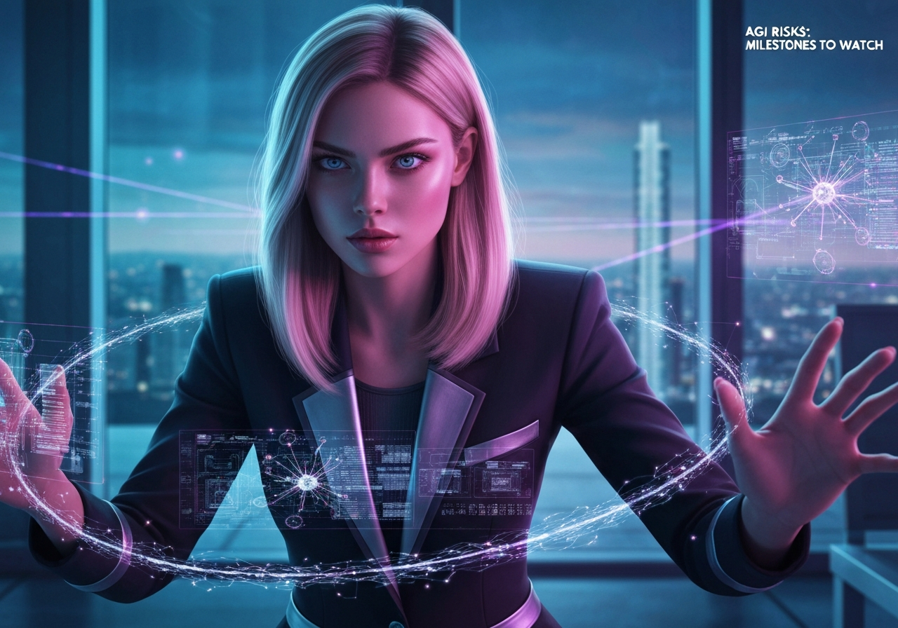 Confident woman studies holographic AGI risk data in futuristic lab, embodying the urgency of AGI existential risks and safety.