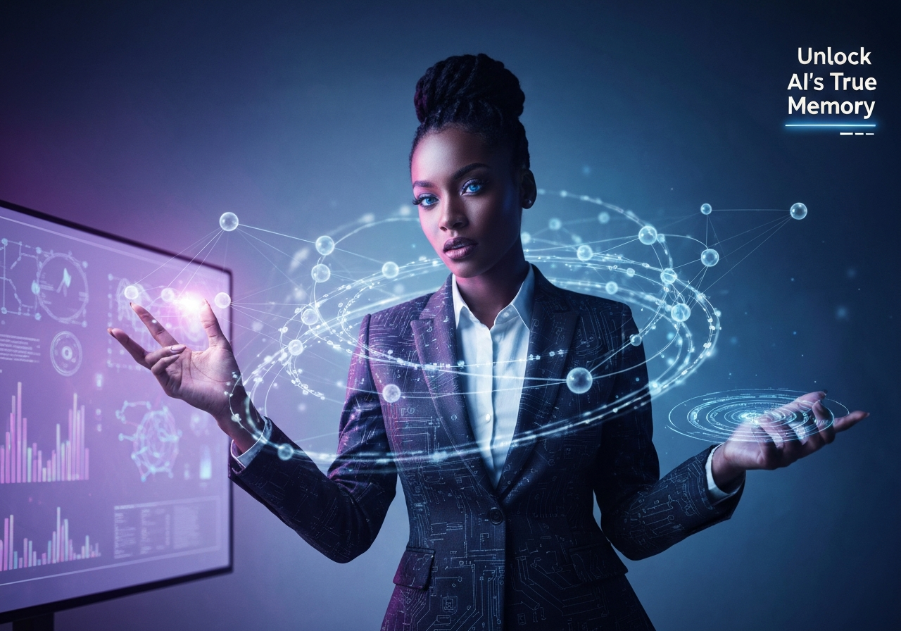 Confident woman overseeing AI memory frameworks, holographic data, and glowing neural networks in a futuristic studio. AI agent memory.