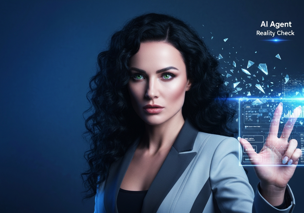 Beautiful woman with raven curls intensely focused on a holographic AI interface, symbolizing clarity over AI agent misconceptions.
