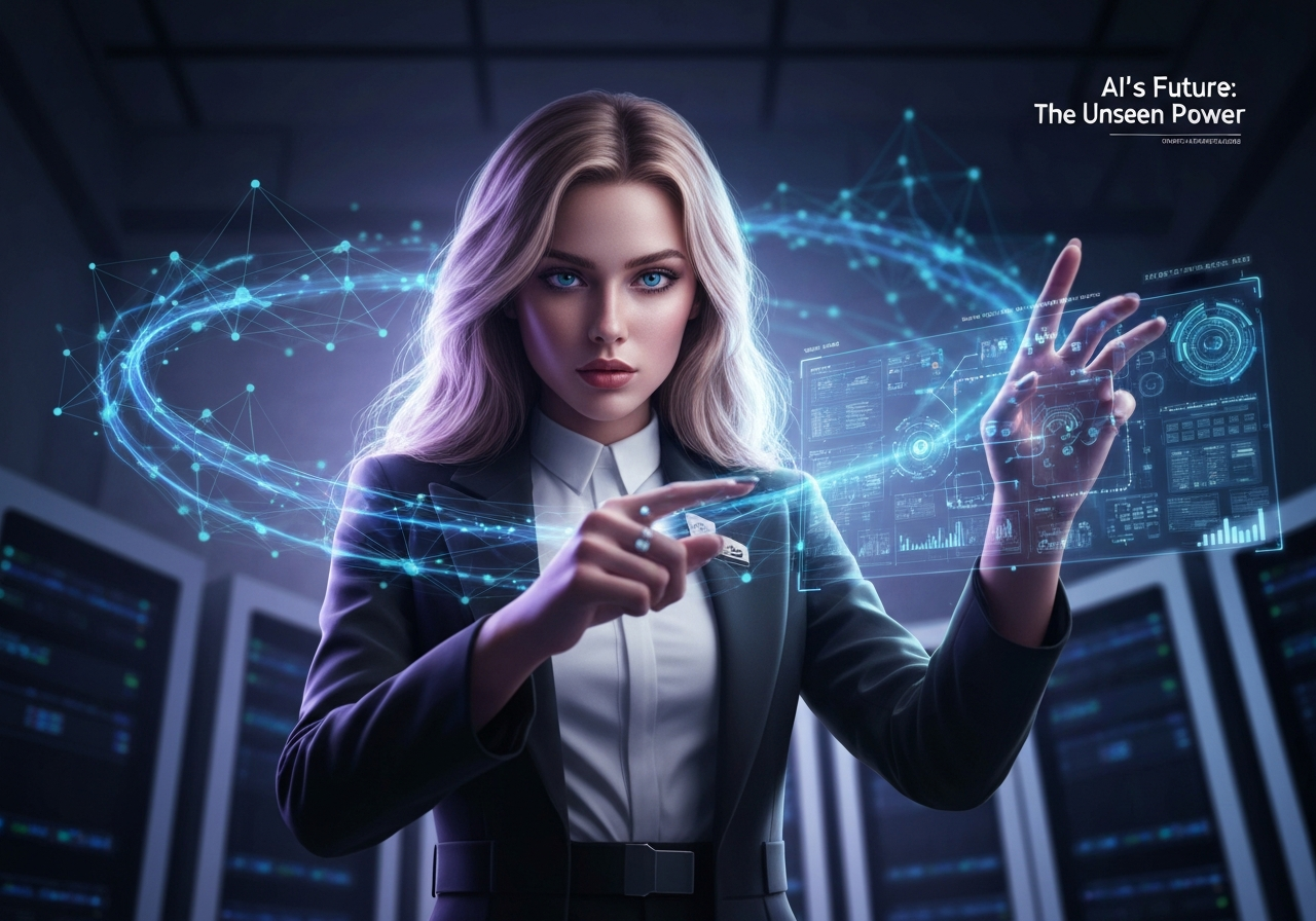 Beautiful woman confidently interacting with holographic AI infrastructure display in a futuristic studio, symbolizing AI trends 2026.