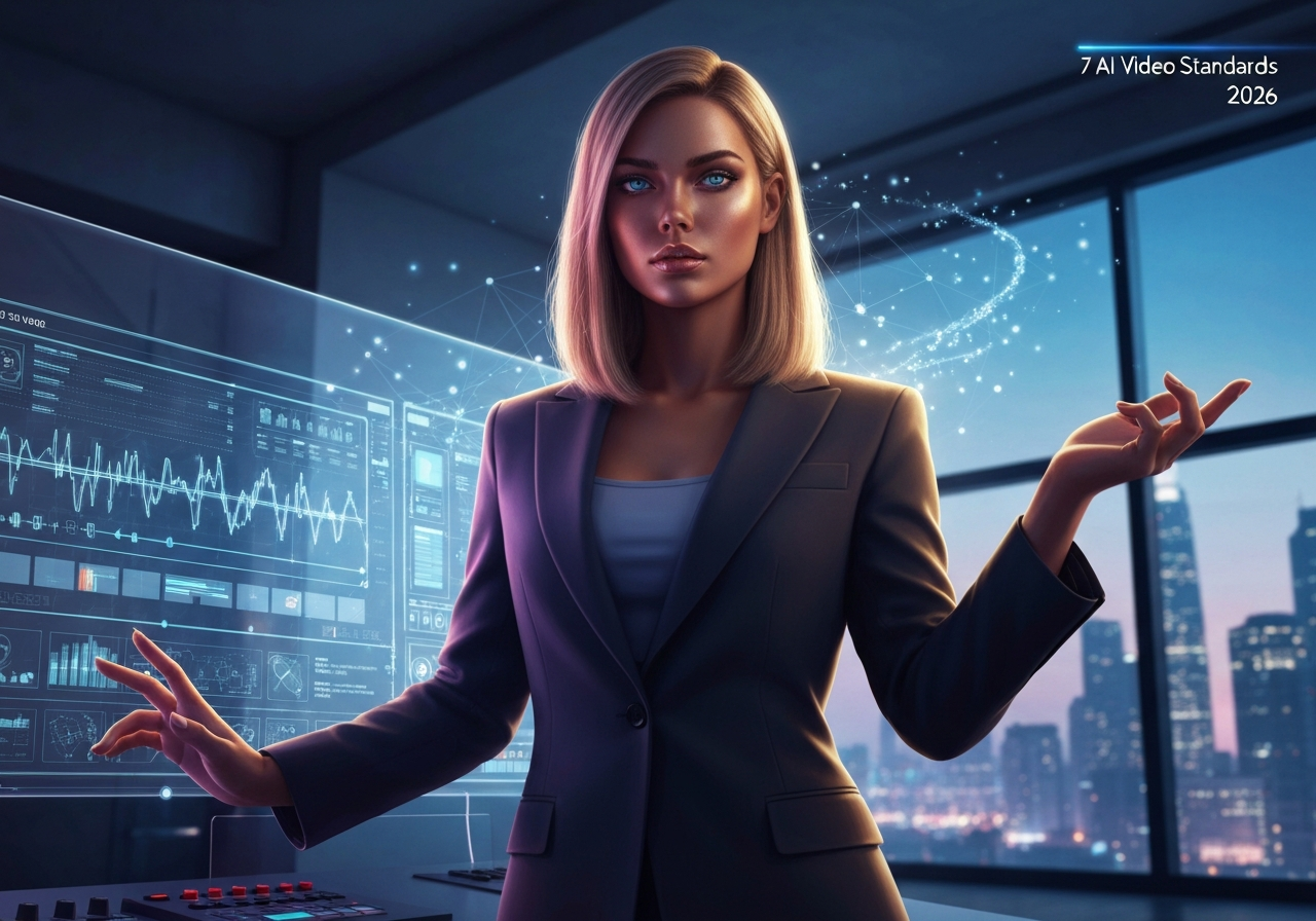 Confident woman guiding AI video generation standards on a futuristic holographic interface, overlooking a modern city.