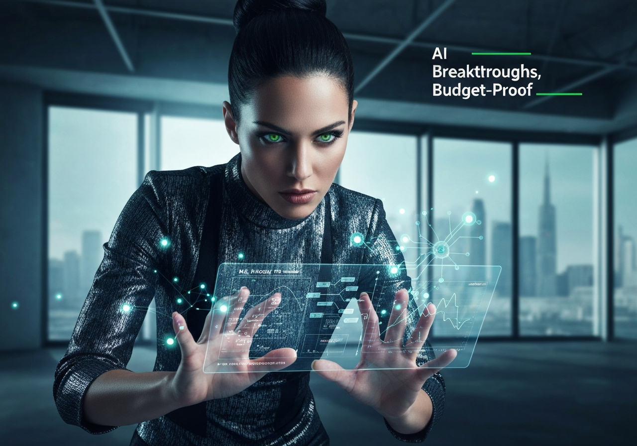 Confident woman solving complex machine learning challenges in low-resource settings, optimizing AI models on a futuristic display.