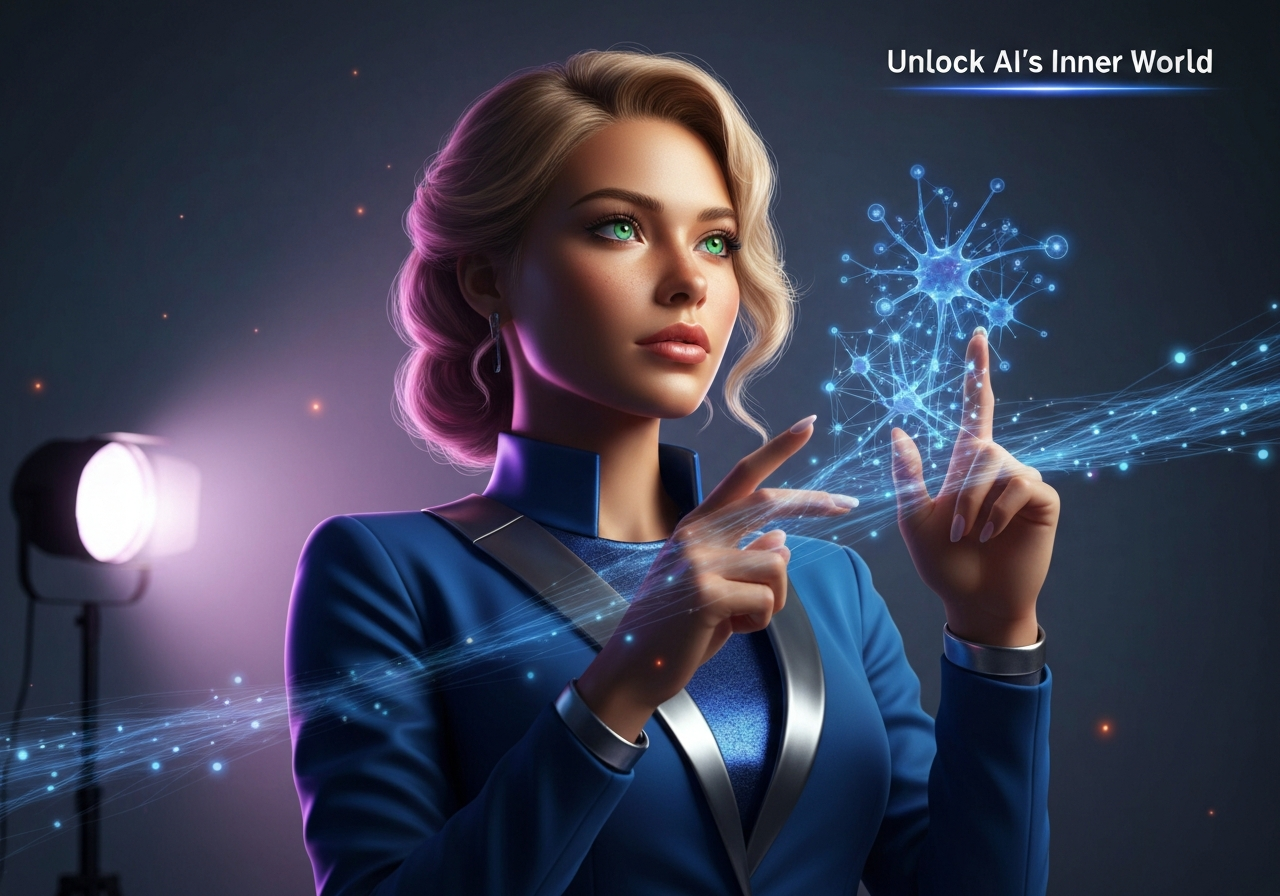 Beautiful woman contemplating a holographic neural network, symbolizing how Deep Learning World Models create AI's inner predictive intelligence.