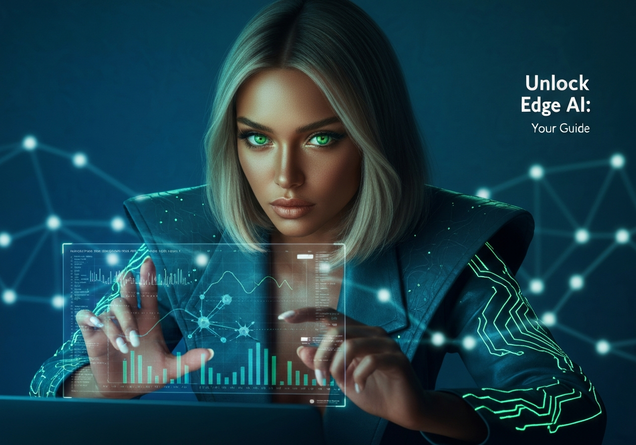 Confident woman coding on a holographic screen, demonstrating how edge DL becomes reality in a futuristic studio.