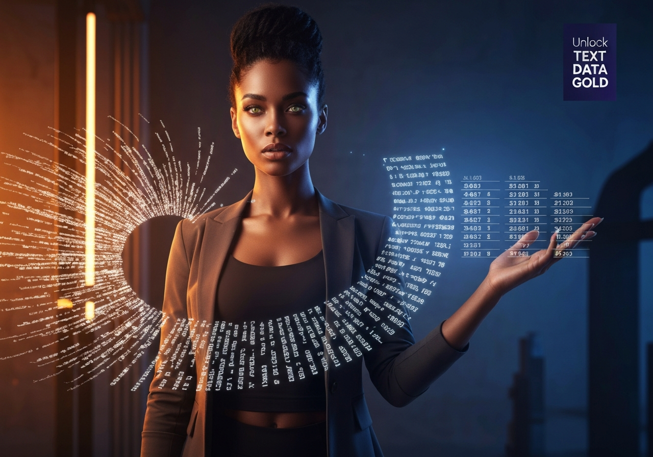 Confident woman in athleisure power suit transforming text data into tabular data with LLMs, in a futuristic studio.