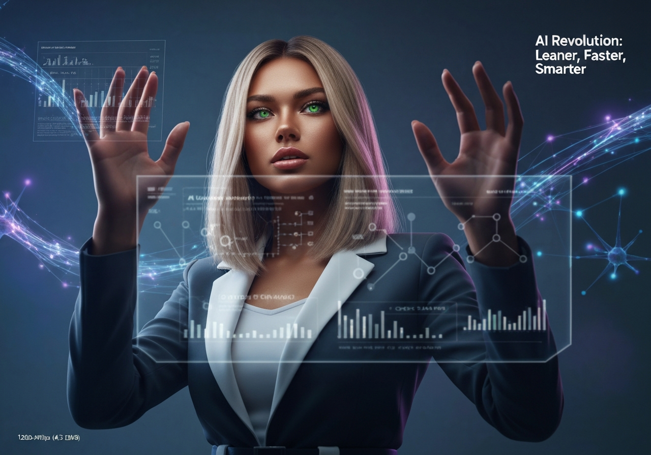 Confident woman optimizing AI models, interacting with holographic data, showcasing SLM efficiency benefits. SLMs over LLMs AI efficiency