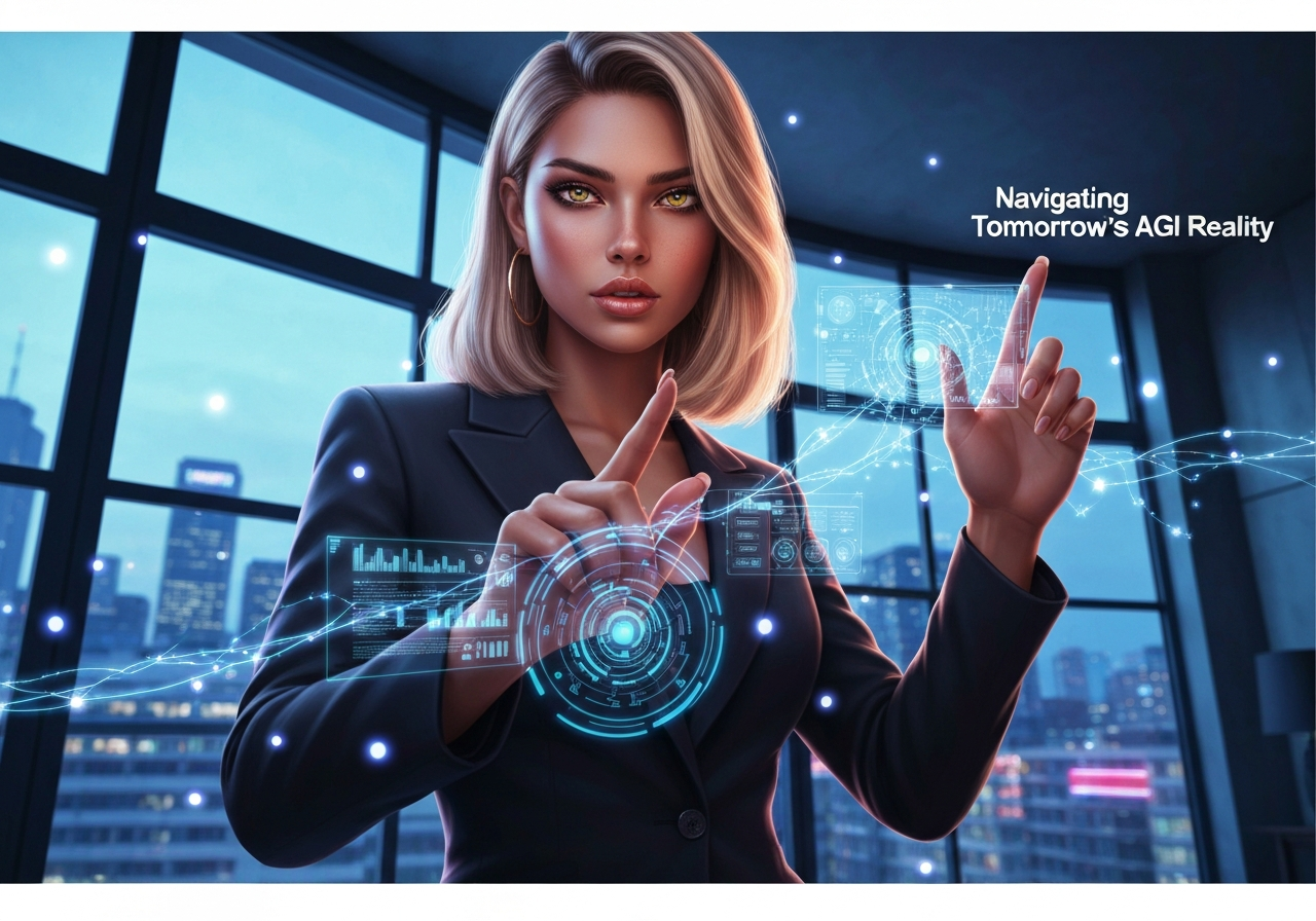 Beautiful woman with fierce determination interacting with holographic AGI interface in a futuristic urban loft.