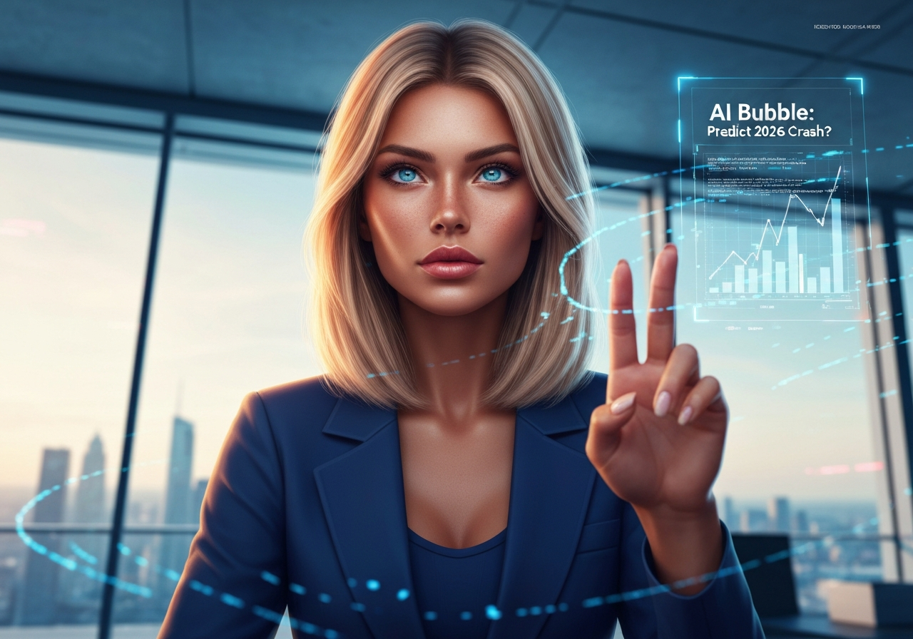 Beautiful woman with sleek blonde hair analyzing AI market data, pondering if the AI bubble will deflate in 2026.