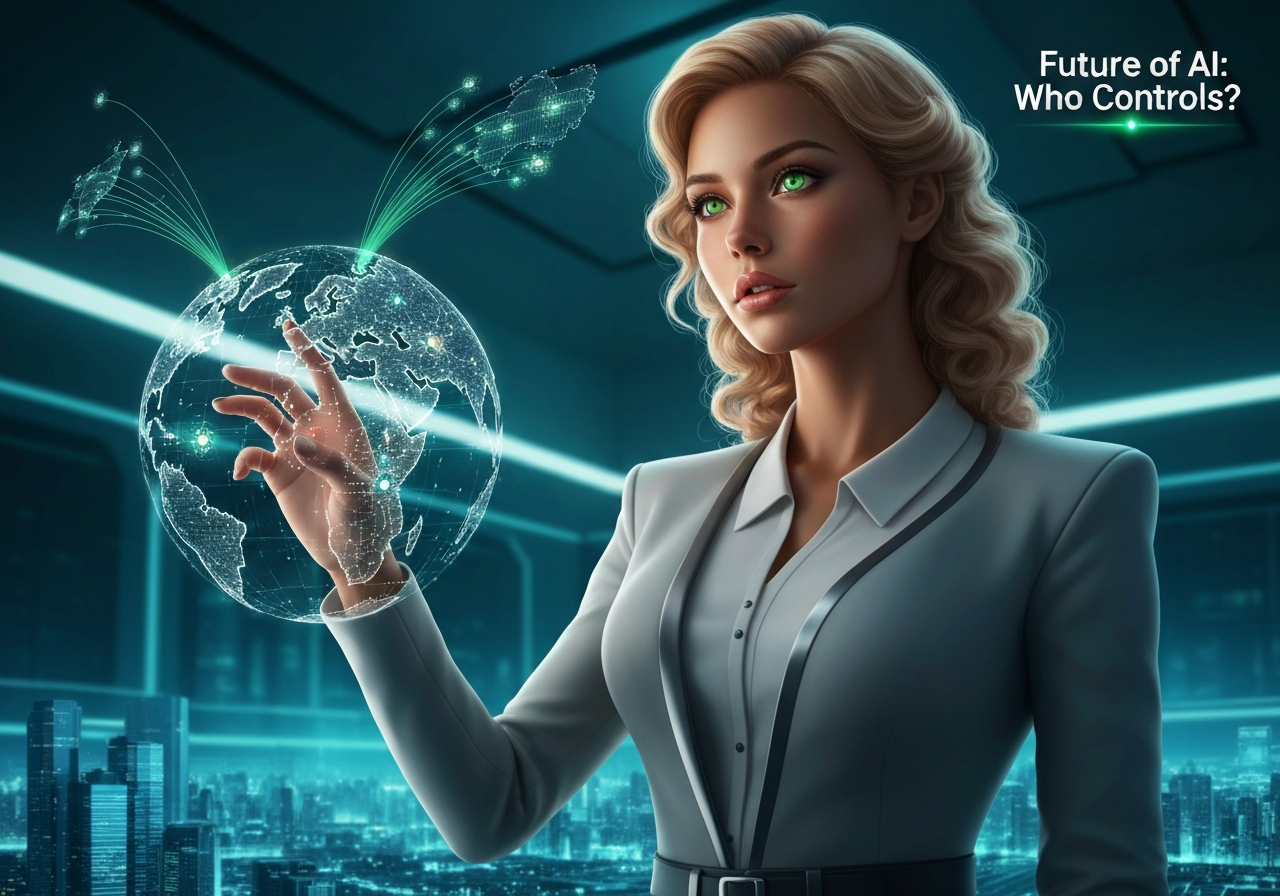 Confident woman touching a holographic globe, symbolizing AI sovereignty in global markets and data control.