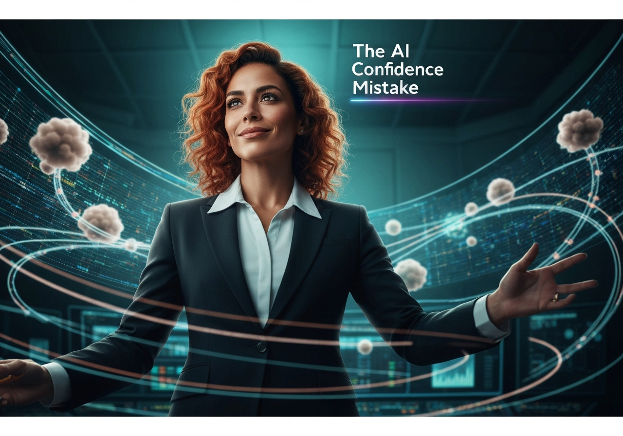Confident woman in power suit quantifies AI uncertainty amidst data visualizations, symbolizing trustworthy AI.